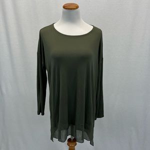 Eileen Fisher Petite Green Silk Tiered Hi Low Hem Long Sleeve Top Sz. PL
